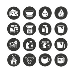 milk product and farm icon in circle buttons