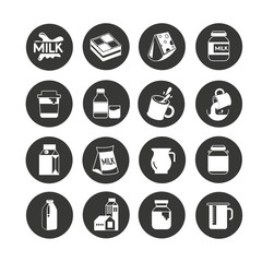 milk product and farm icon in circle buttons