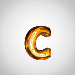 Naklejka premium Golden letter C lowercase with fire reflection isolated on white background