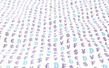Bitcoin and currency on a white background. Digital crypto symbol. Wave effect, market fluctuations. Business concept. 3D illustration
