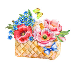 Basket with flowers with summer spring flowers. Red and blue flowers. Easter bouquet. Invitation card. Watercolor. Illustration. Template. Close-up. Clipart. Hand drawing. Painting