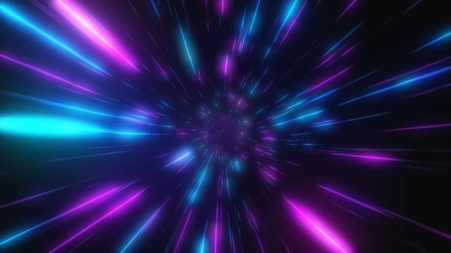 Abstract flight in retro neon hyper warp space in the tunnel