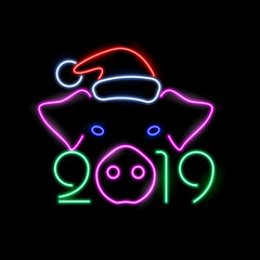 2019 Happy New Year banner. Neon pig and numbers on black. Vector.