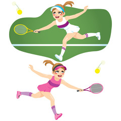 Athletic young tennis woman player running with green background and isolated on different sportwear color