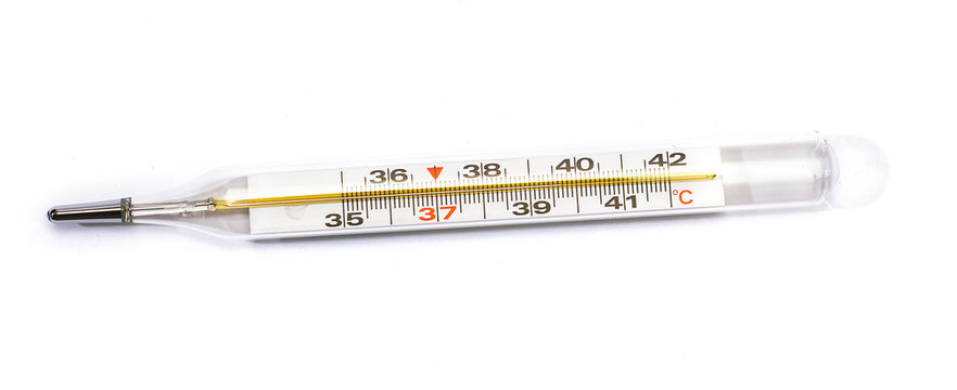 Mercury thermometer on a white background. Heat.