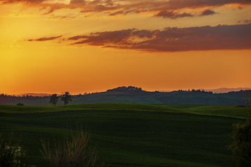 Landscape of tuscan countryside at sunset