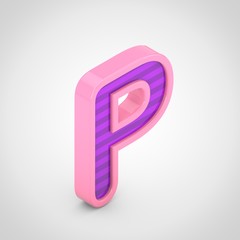 Pink letter P uppercase with violet stripes isolated on white background.