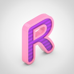 Pink letter R uppercase with violet stripes isolated on white background.