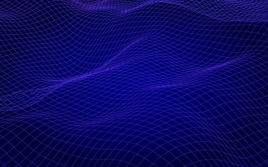 Naklejka na ściany i meble Abstract landscape on a blue background. Cyberspace grid. Hi-tech network, technology. 3D illustration
