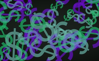 Multicolored translucent dollar signs on dark background. Green tones. 3D illustration