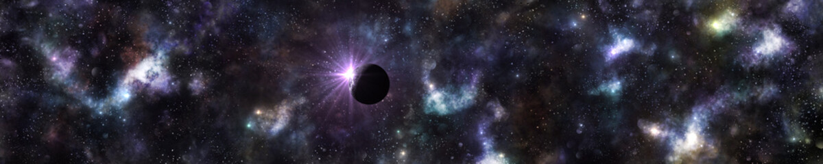 Starry sky, a planet against the background of nebulae and galaxies,
3D rendering