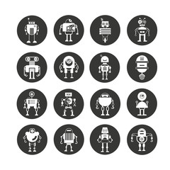 funny robot icon set in circle buttons