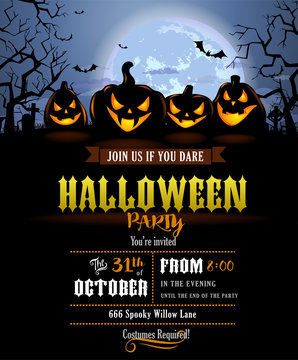 Halloween party invitation with scary pumpkins