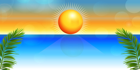 Obraz na płótnie Canvas Sun and tropical beach vector design illustration background.