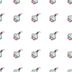 Seamless pattern with vector cupcake illustration. Cupcakes with colorful splashes. Cakes with cream and berries