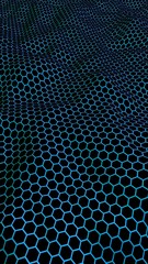 Honeycomb wave effect on a blue green background. Perspective view on polygon look like honeycomb. Isometric geometry. Vertical image orientation. 3D illustration