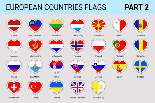 European flags stickers set. Vector european flags collection. National symbols with the country name. Trendy patriotic design elements. Love hearts icons. Web, sport, travel, geographic signs. Part 2