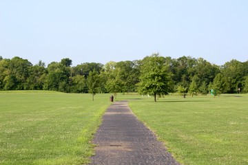 Fototapeta na wymiar A long winding blacktop pathway in the park.