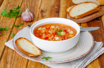 Spicy soup with red lentils, tomatoes, leek, bell pepper, carrots and potatoes.