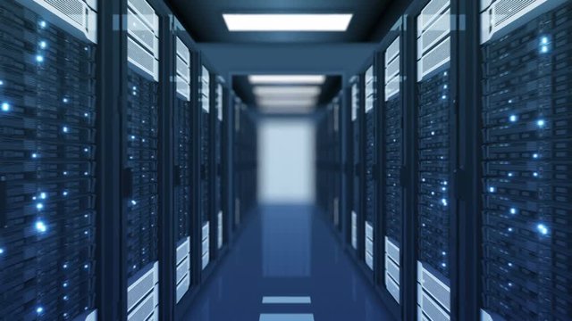 Seamless Motion Through the Server Racks Blue Color in Data Center DOF Blur. Beautiful Looped 3d Animation with Flickering Computer Lights. Big Data Cloud Technology Concept. 4k Ultra HD 3840x2160.