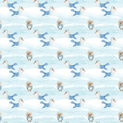 Seamless pattern with watercolor cute bird seagull and bear flying in a hot air balloon and clouds. Digital paper for kids and baby crafts