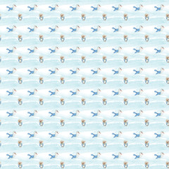 Seamless pattern with watercolor cute bird seagull and bear flying in a hot air balloon and clouds. Digital paper for kids and baby crafts