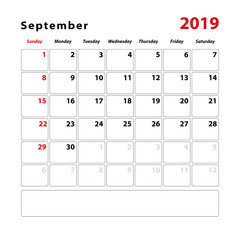 Calendar sheet for the month of September 2019