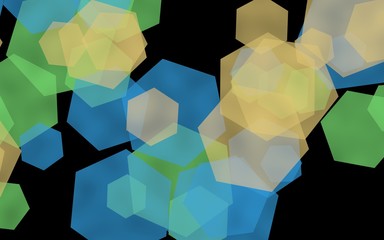 Multicolored translucent hexagons on dark background. Green tones. 3D illustration