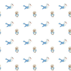 Seamless pattern with watercolor cute bird seagull and bear flying in a hot air balloon and clouds. Digital paper for kids and baby crafts