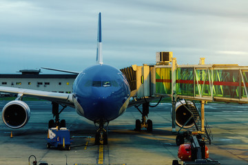 Airplane parked with jet bridge during sunrise at the International Airport of Ezeiza