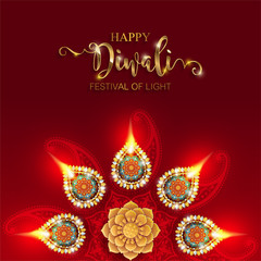 Happy Diwali festival card with gold diya patterned and crystals on paper color Background.