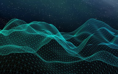 Abstract landscape on a dark background. Star horizon. Cyberspace grid. Hi-tech network. Outer space. Starry outer space texture. 3D illustration