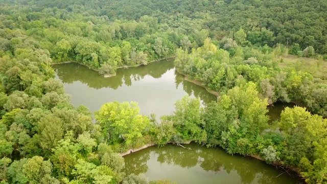 aerial shot from the drone,ponds in the green. Laghetti delle Noghere , Muggia Italy 