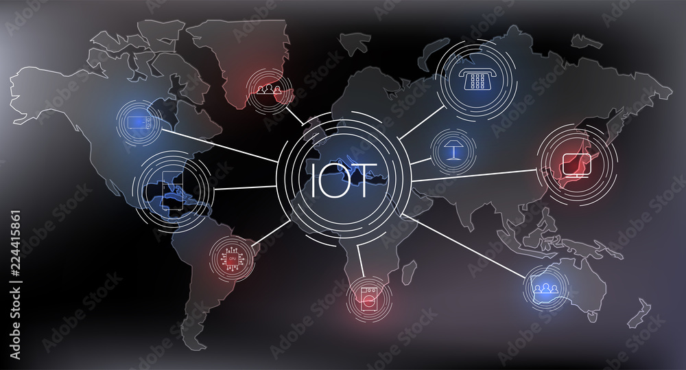 Poster internet of things (iot), devices and connectivity concepts on a network, cloud at center. digital c