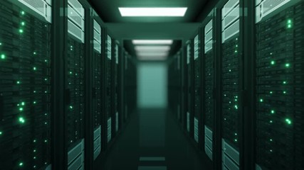 Seamless Flight Through the Server Racks Green Color in Data Center DOF Blur. Beautiful Looped 3d Animation with Flickering Computer Lights. Modern Electronics Technology Concept. 4k UHD 3840x2160. - Powered by Adobe