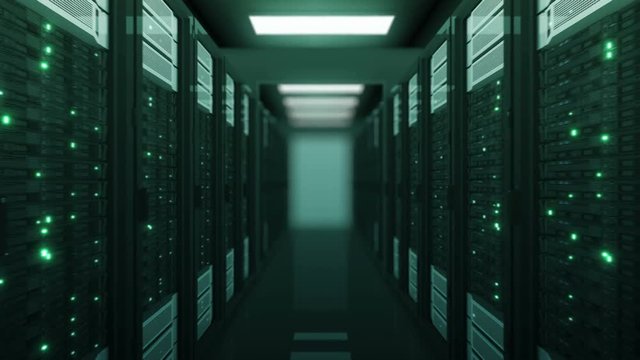 Seamless Flight Through the Server Racks Green Color in Data Center DOF Blur. Beautiful Looped 3d Animation with Flickering Computer Lights. Modern Electronics Technology Concept. 4k UHD 3840x2160. - Powered by Adobe