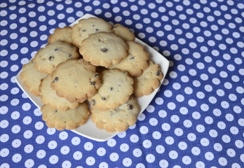 Homemade vanilla cookies with chocolate chips on white plate and blue tablecloth in Boleslawiec pottery pattern
