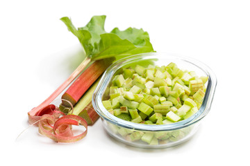 Chopped  rhubarb on white background