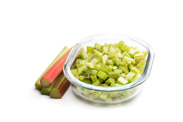 Chopped  rhubarb on white background