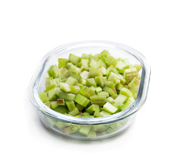 Chopped  rhubarb on white background
