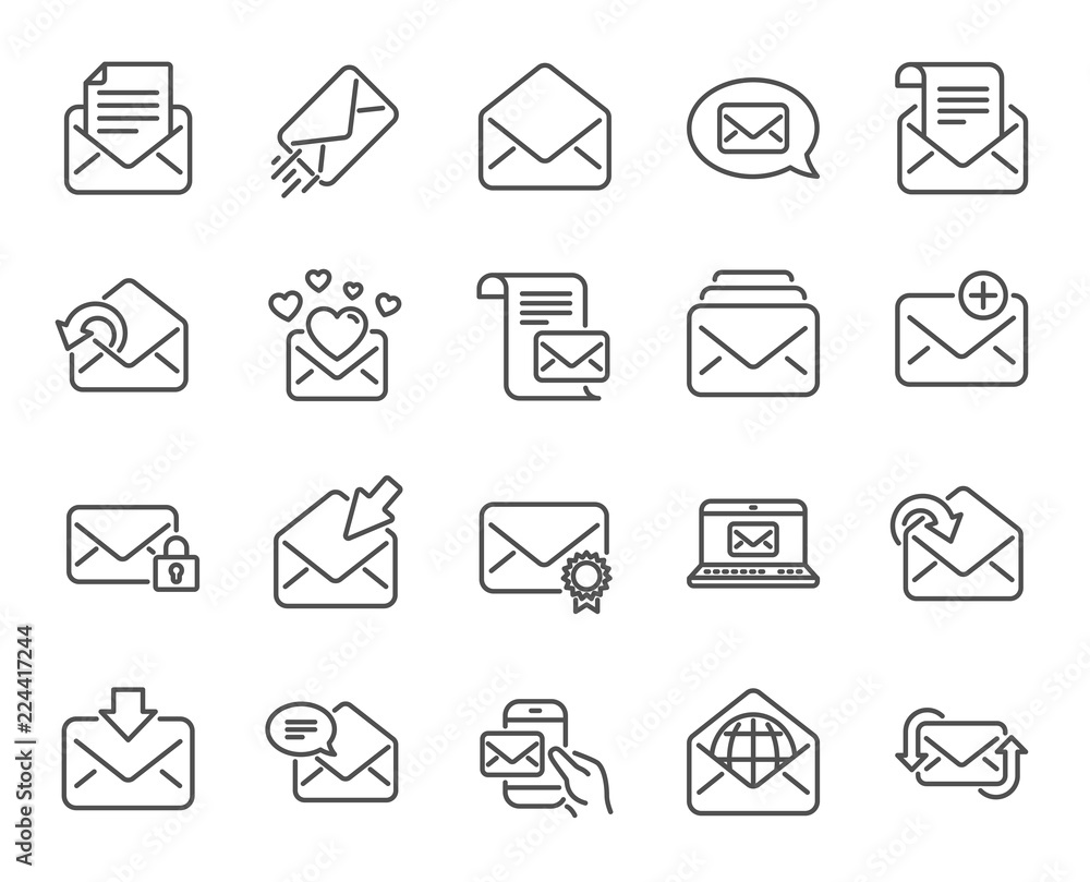 Poster mail messages line icons. set of newsletter, e-mail, correspondence linear icons. received mail, sec