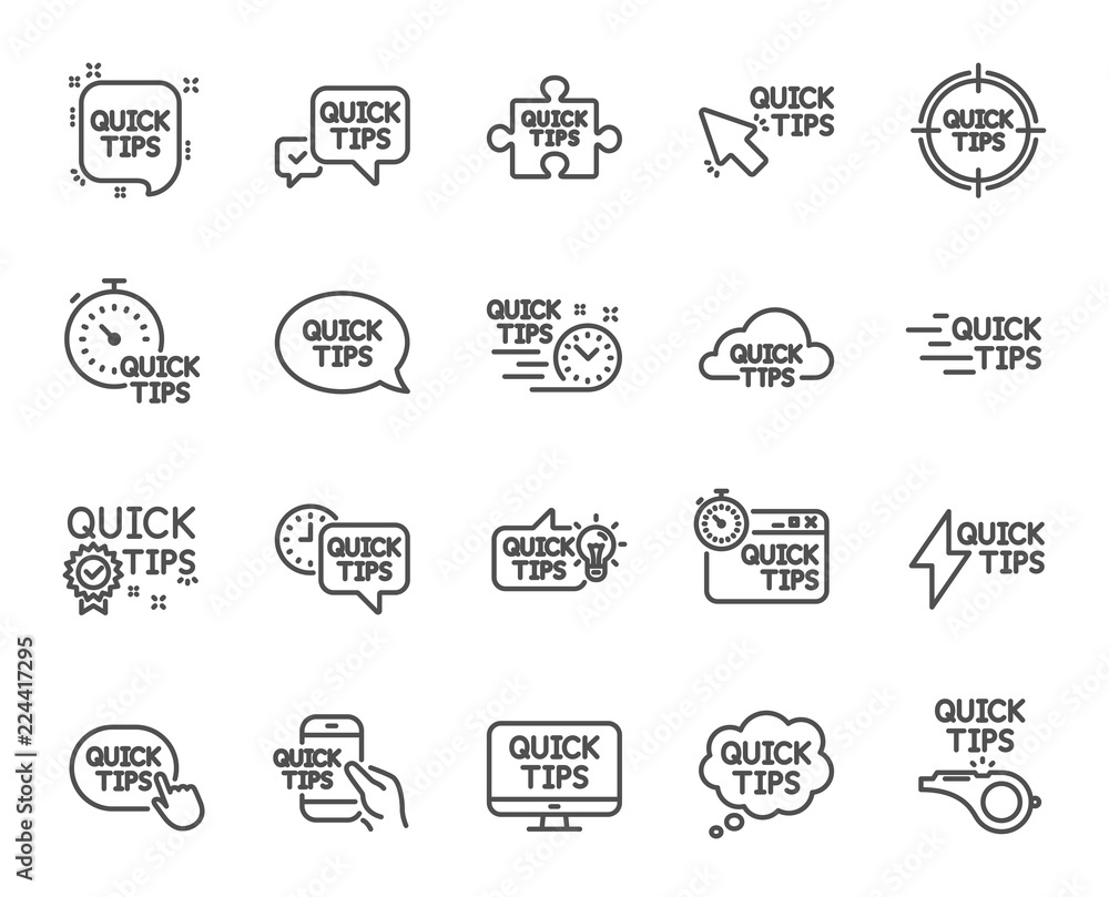 Poster quick tips line icons. set of helpful tricks, solution and quickstart guide linear icons. tutorials,