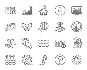 Whistle, Waves and Sun line icons. Customisation, Global warming and Question mark signs. Signature Rfp, Information and Efficacy symbols. Gift box, Consolidation and Operational excellence. Vector