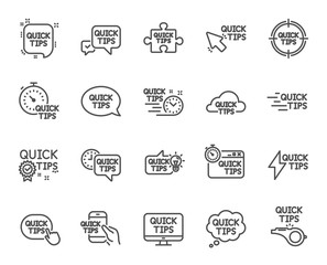 Quick tips line icons. Set of Helpful tricks, Solution and Quickstart guide linear icons. Tutorials, helpful tips and turning tricks symbols. Hand hold smartphone, Chat speech bubble and Whistle signs