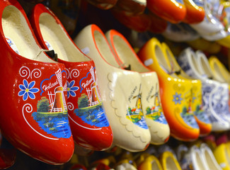 Showcase with traditional dutch wooden clogs.  Souvenir clogs