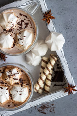 Hot chocolate cocoa drink in glass mug with marshmallows candies, cinnamon sticks, anise, chocolate and waffles. Copy space. Winter food and drink concept.