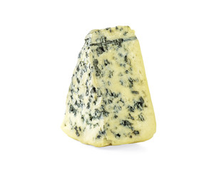 Wedge of soft blue cheese with mold isolated on white background
