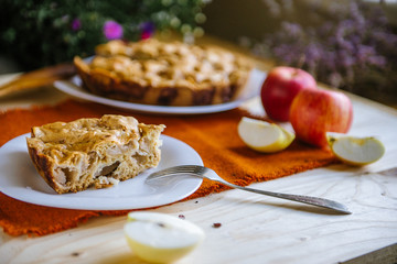 Homemade apple pie. A piece of dessert, apple pie on a plate.