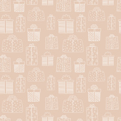 Fototapeta premium Hand-drawn vector illustration of white silhouettes of gifts on a beige background. Seamless pattern for Christmas and New Year.