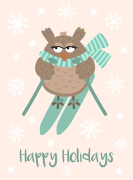 Vector image of a cartoon owl on skis in a scarf. Winter New Year and Christmas illustration. Hand-drawn greeting card against the backdrop of snowflakes.